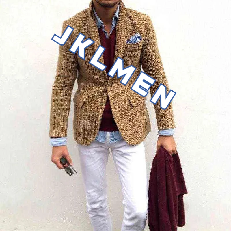 Men's Suit Jacket Herringbone Tweed Wool Jacket Winter Warm Short Jacket Retro Slim Fit Men Blazer  Coat Only