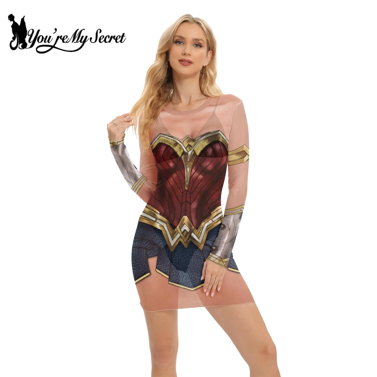 

[You're My Secret] Women's Sheer Mesh Mini Dress Superhero Printing Sexy Slim Dress Female Long Sleeve Halloween Party Dress