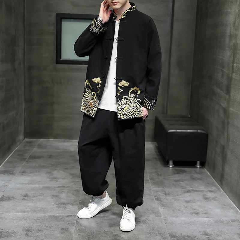 Jacket Coat Cotton and Linen Suit Retro Chinese Style Men's Clothing Geometric Pattern Embroidery Hanfu Single-Breasted Clothing