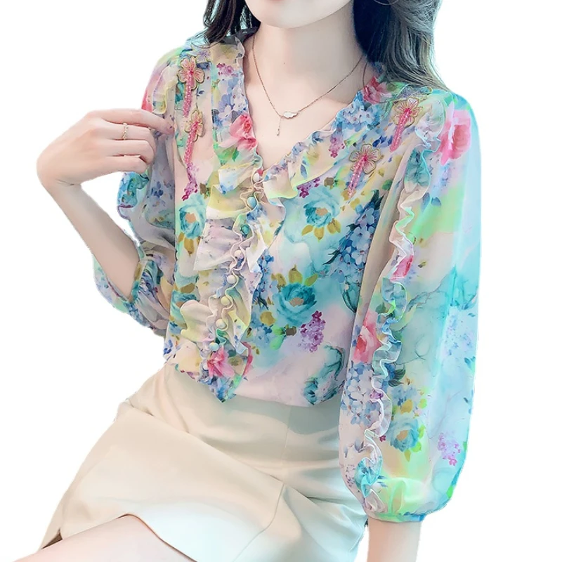 アメージングタイランド・グランドセール Floral Chiffon 3/4 Sleeves Blouse Women's Clothing Summer トップス