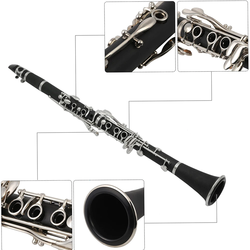 

ABS Clarinet Bb Cupronickel Plated Nickel 17 Key with Cleaning Cloth Gloves Screwdriver Woodwind Instrument for Beginner Student