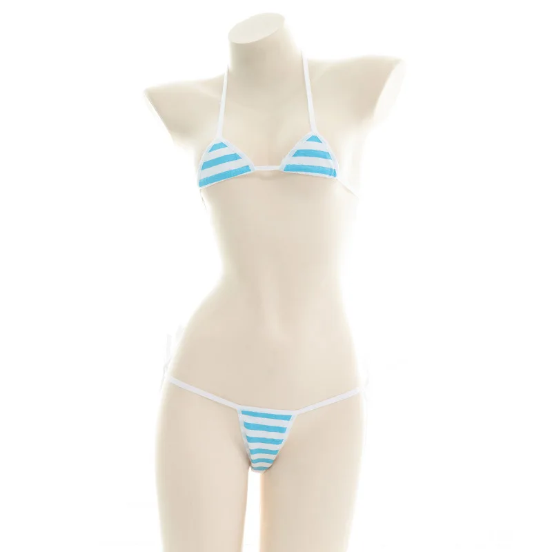Sexy Bikini Set Women Underwear Pink Blue Stripe Cute Lingerie Micro Bikinis Swimwear Japanese Schoolgirl Anime Cosplay_voghion.com
