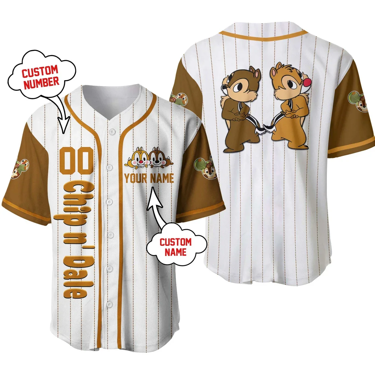 

Chip 'n' Dale Striped Brown Baseball Jersey Custom Name Disney Baseball Jersey Men Women Short Sleeve Top Fashion Shirts