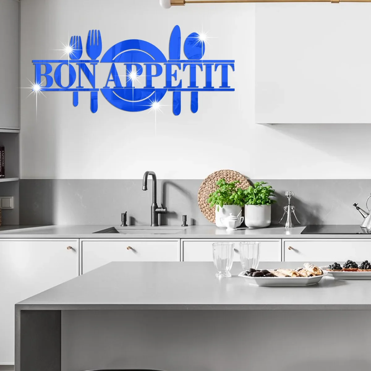 Classic BON APPETIT Kitchen Acrylic Mirror Wall Stickers Fun Design Cook Utensils Home Decoration Restaurant Refrigerator