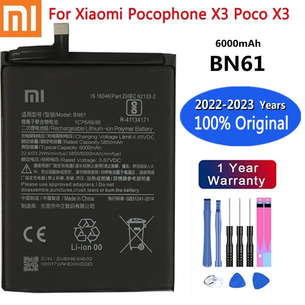 

2023 New 100% Original Xiao Mi Battery BN61 6000mAh For Xiaomi Pocophone X3 Poco X3 High Capacity Mobile Phone Battery + Tools