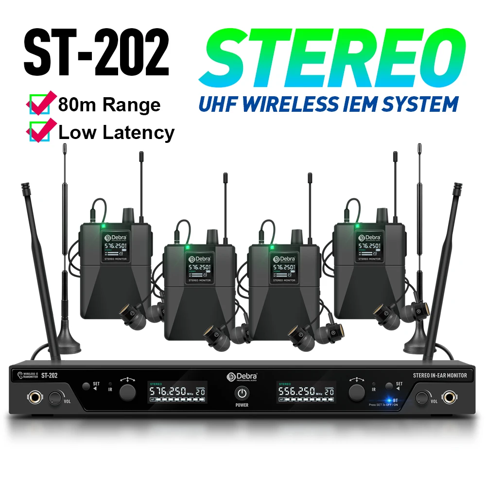 Debra UHF Stereo IEM ST-202 Wireless In-Ear Monitor System Professional Stage Recording Wireless for Studio Drummer Instrument