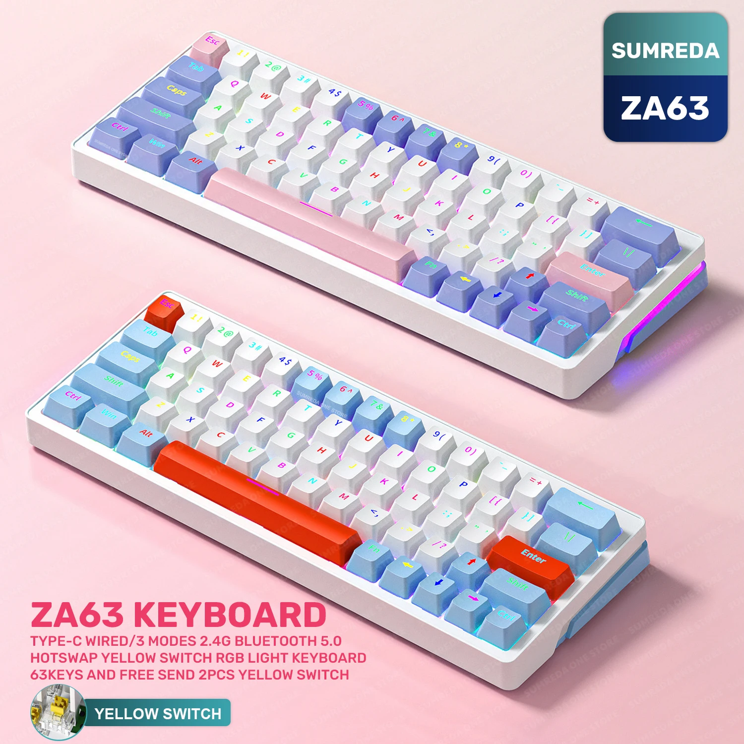 Mini Teclado Mecânico Jogos sem Fio Bluetooth Hotswap Retroiluminado Gamers Rgb 2.4g 63 Chaves Sumreda-za63
