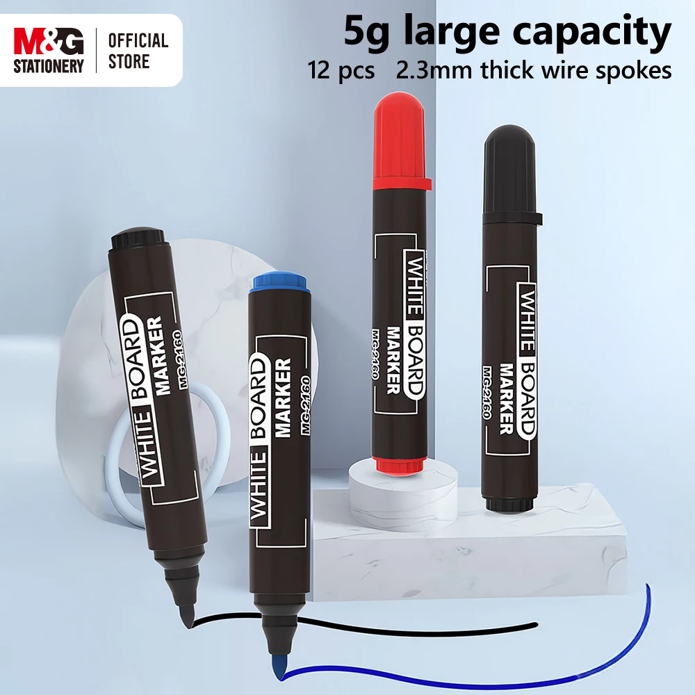 M&G 12pcs Erasable Whiteboard Markers Single Tip Office Conference Markers Easily Erasable Large Capacity Black Blue Red