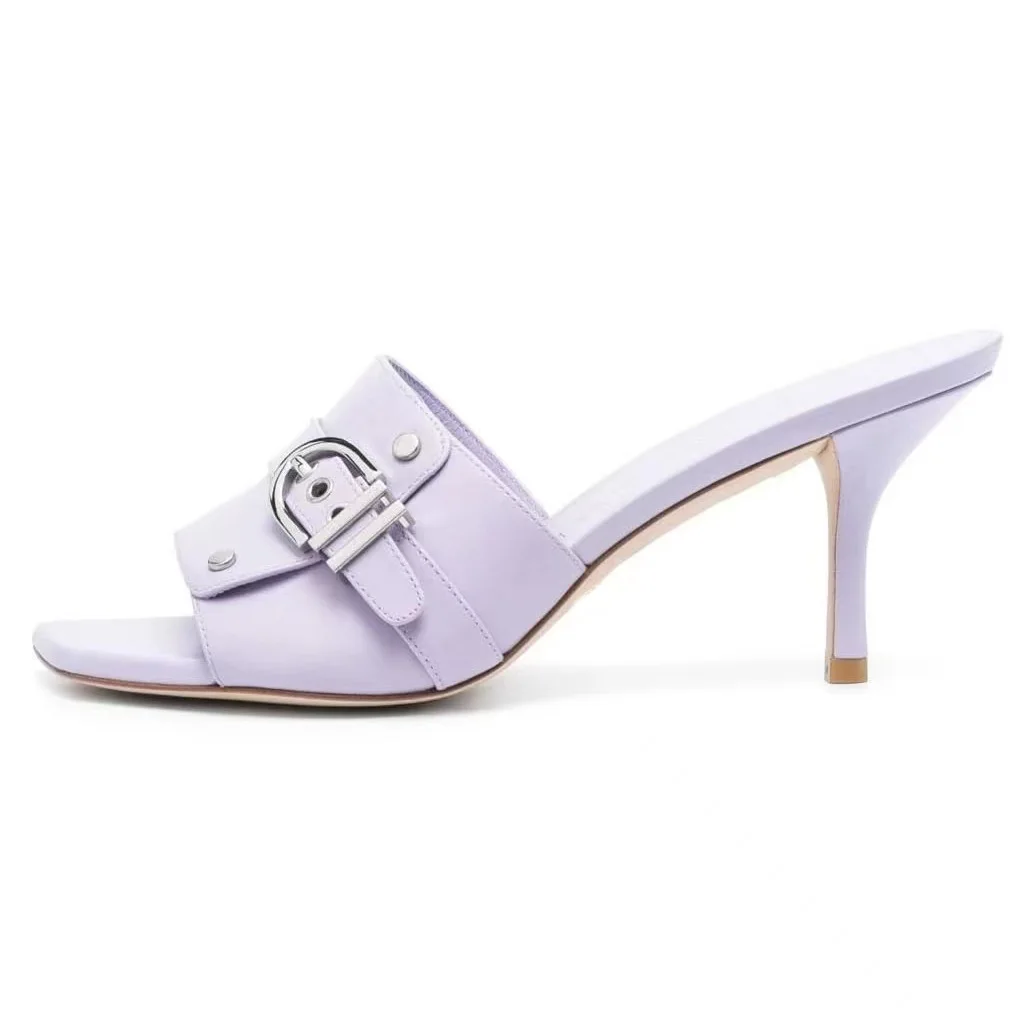 

Purple Leather Belt Buckle Women Slippers Square Toe Zapatillas De Mujer Ladies Slingback Shoes Stiletto Heels Sapatos Feminino