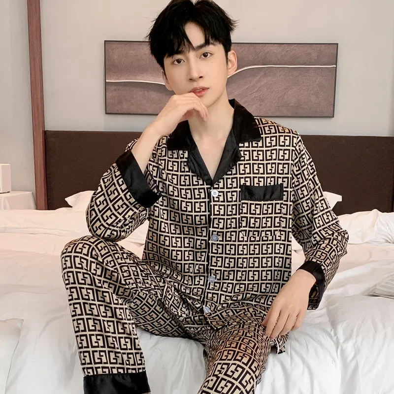 Pajamas Men Spring Summer Thin Ice Silk Luxurious Loose Fitting Home Wear Suit Male Satin Pyjamas Set Night Sleep-Suit Gentlemen