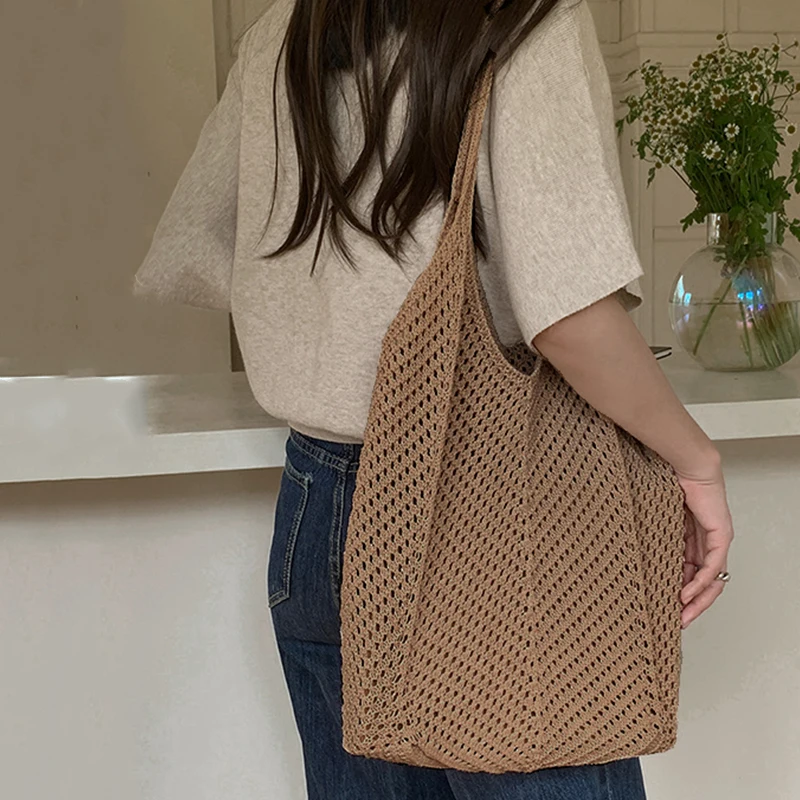 Fashion Women's Hollow Woven Shoulder Bags Large Capacity Knitting Underarm Bag Solid Crochet Tote Handbag Summer Mesh Beach Bag