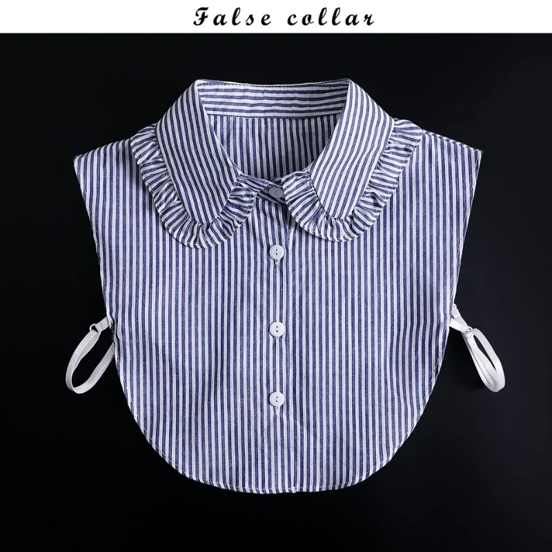 Blue Striped Pleated Fake Collar with Lotus Leaf Lace Detachable Collar Shirt Dickey Half Blouse False Collar for Lady Girls