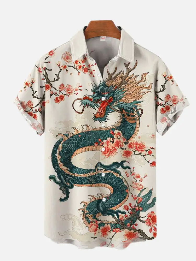 thumbnail image 1 of Camisa hawaiana de manga corta con cuello vuelto, estampado floral tropical Ukiyo-E y samurái japonés, moda 2024, 1 of 5