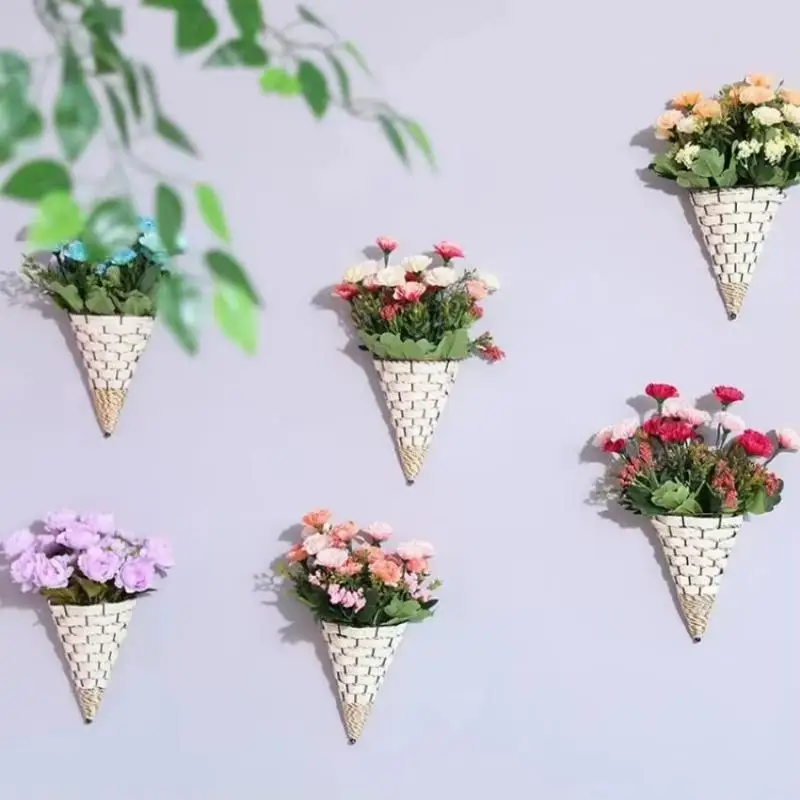 Fashion Home Decor Flower Basket Vase Rattan Wall Hanging Pot Planter Rattan Vase Basket Decor Wrought Iron Natural Wicker