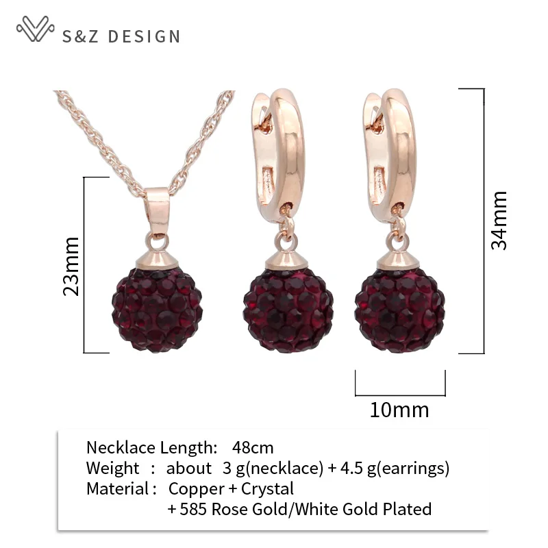 S&Z DESIGN New Elegant 585 Rose Gold Color Round Crystal Dangle Earrings Jewelry Sets For Women Party Jewelry Pendant Necklace