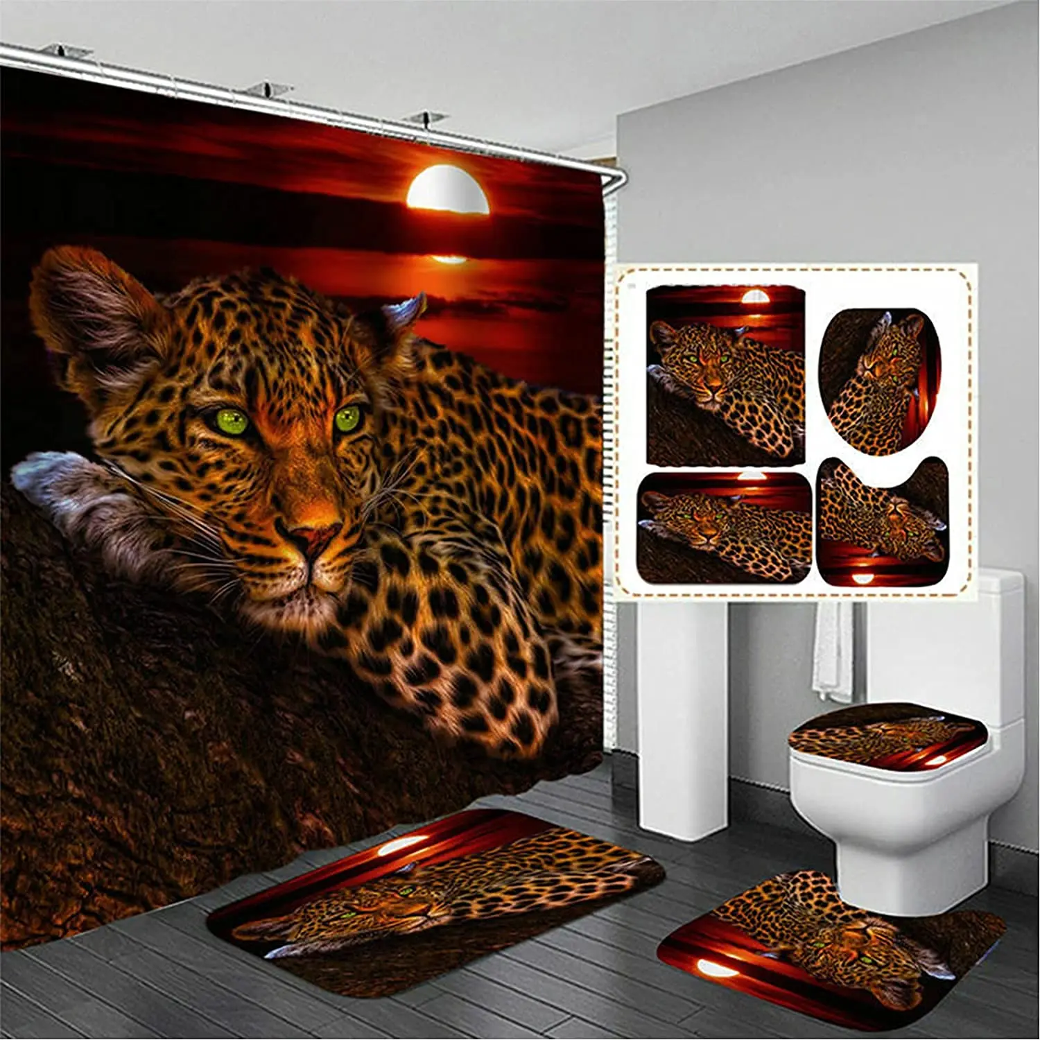 

Moon Leopard Cheetah Shower Curtain Sets Bathroom Decor Set Animals Bathroom Shower Curtain and Bathroom Accessories Waterproof