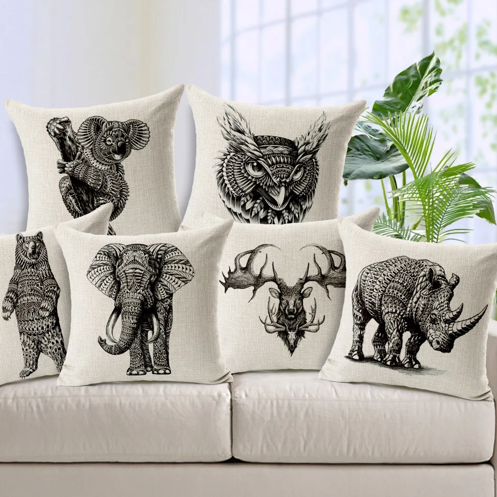 

Black White Animals Cushion Cover Home Decorative Pillows Quality Printed With Elk Elephant Bear Square 45x45cm Pillow Covers QX