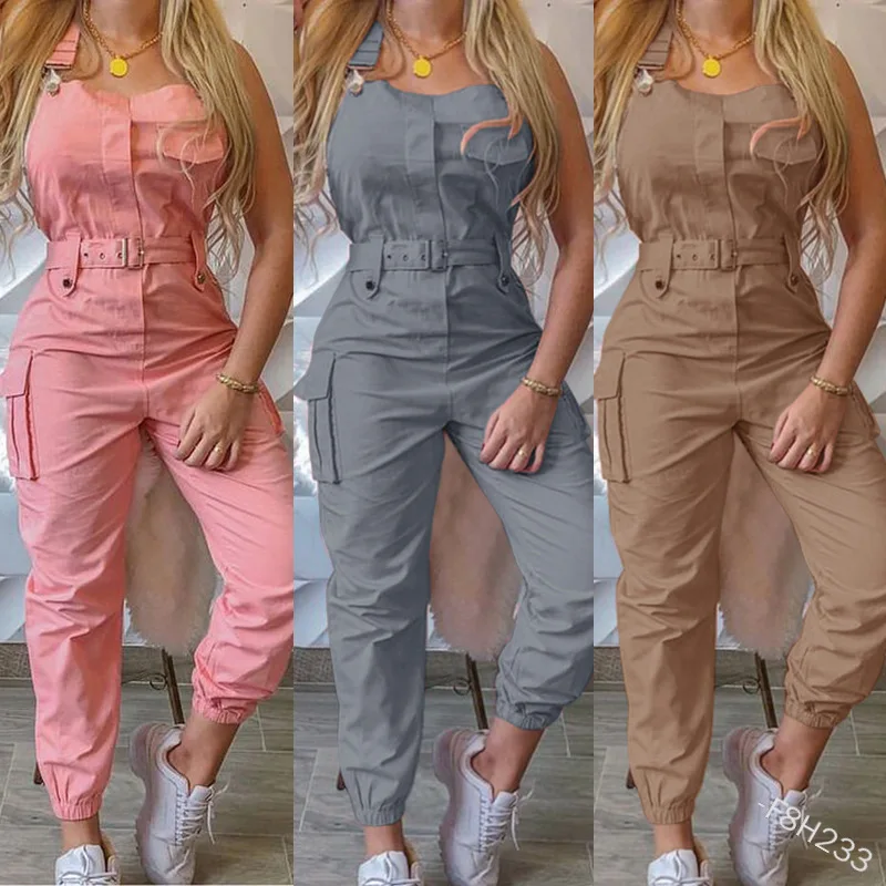 2023 Yellow Jumpsuits Women Casual Cargo Playsuit Sleeveless O Neck Jumpsuit With Pocket Belt Elegant Pencil Pants Slim Overalls