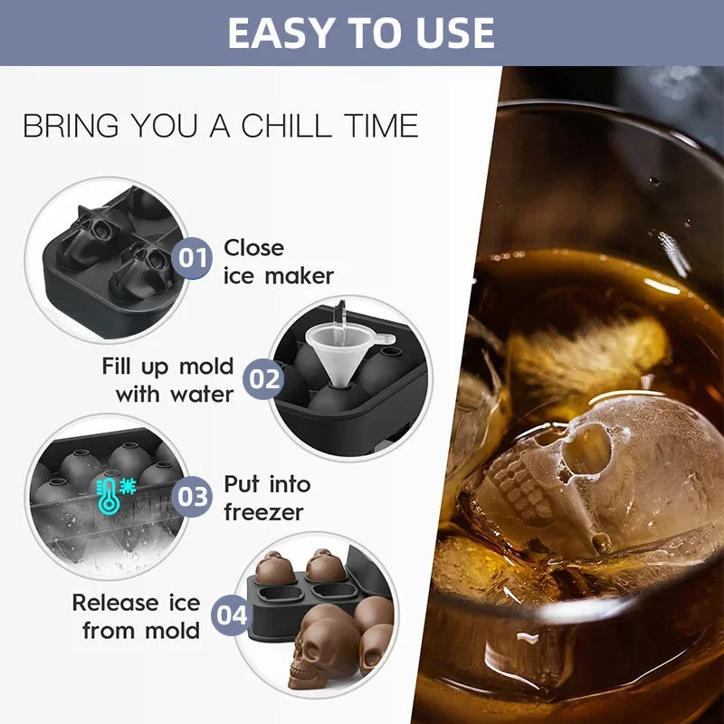 3D Skull Silicone Mold Ice Cube Tray Mould Ice Cube Maker Ball Mold Whiskey Wine Cocktail Ball