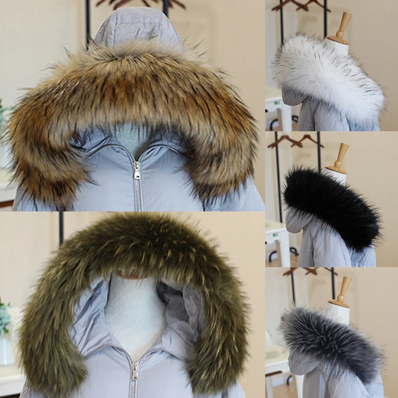 Winter Faux Raccoon Fur Collar For Women Jackets Coat Hooded Fur Trims Strip Clothing Detachable Soft Plush Collars Accessories 3