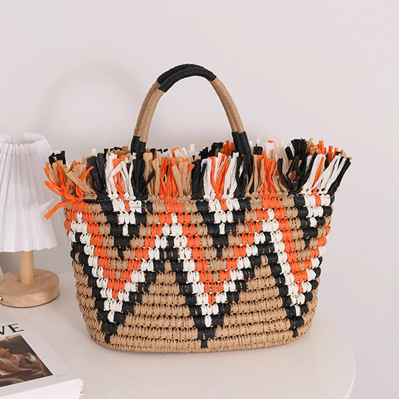 

Elegant Lady Handbag Tassel Straw Woven Color Matching Women Holiday Beach Casual Tote Top-Handle Hand-Woven Rattan Capacity Bag