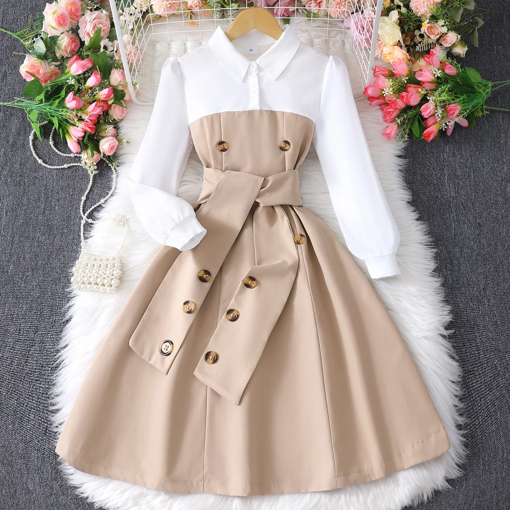 فستان بناتي طويل الأكمام بحزام ، ملابس أطفال ، فساتين حفلات ، نمط العطلة ، الخريف ، الشتاء ، من 8 إلى 12 سنة