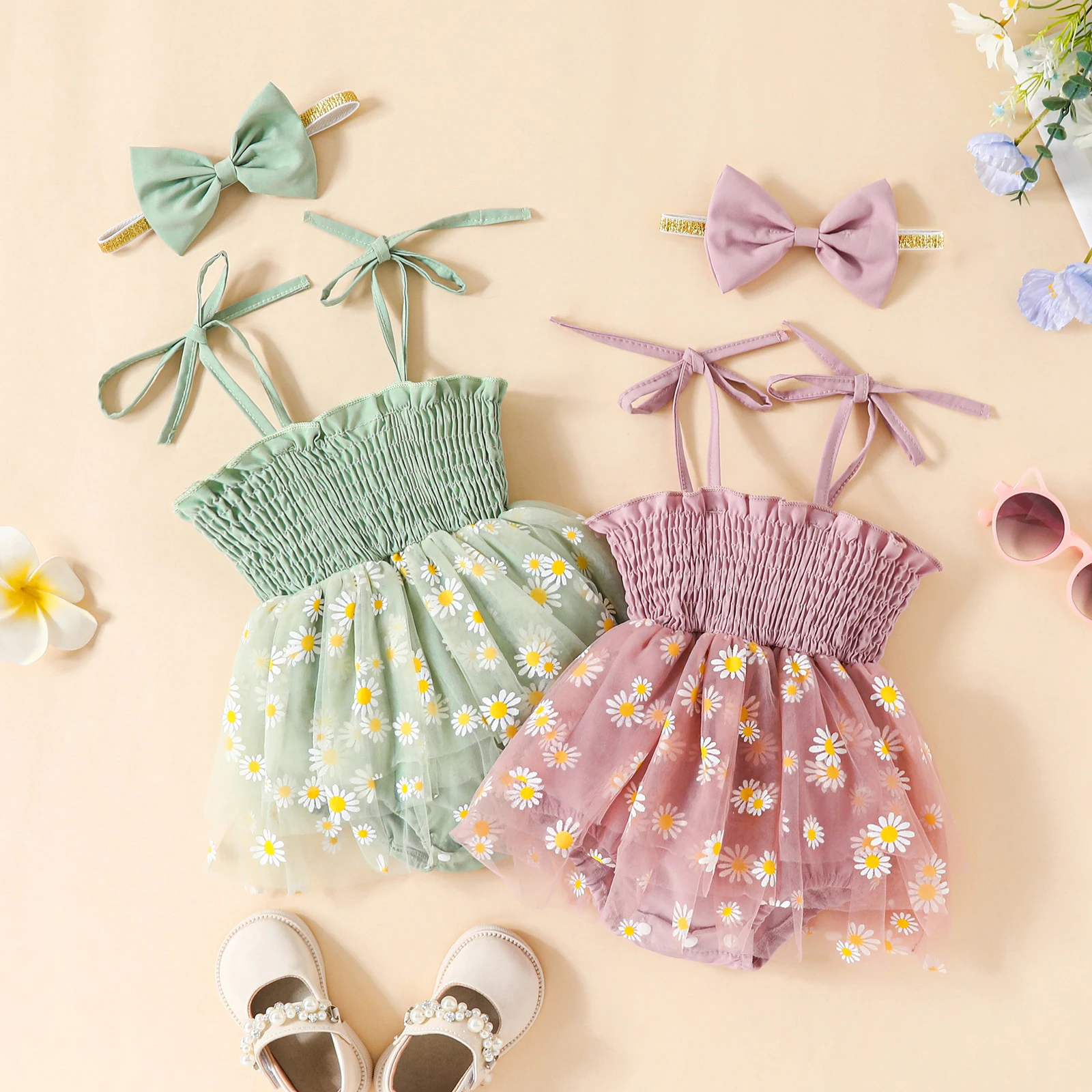 

New Baby Girls Romper Set Spaghetti Straps Pleated Flower Print Tulle Patchwork A-Line Dress With Bowknot Headband 0-18 Months