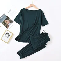 2026 spring and summer female modal pajamas two-piece short-sleeved trousers color large-size breathable casual home service set - Image 5