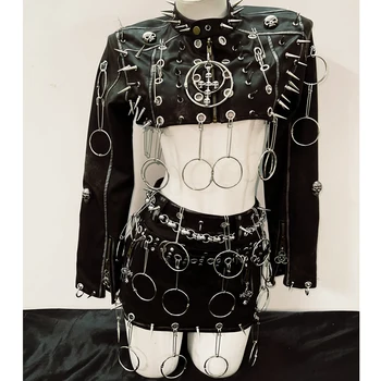 Spikey Cropped Faux Leather Jacket and Skirt Set 1