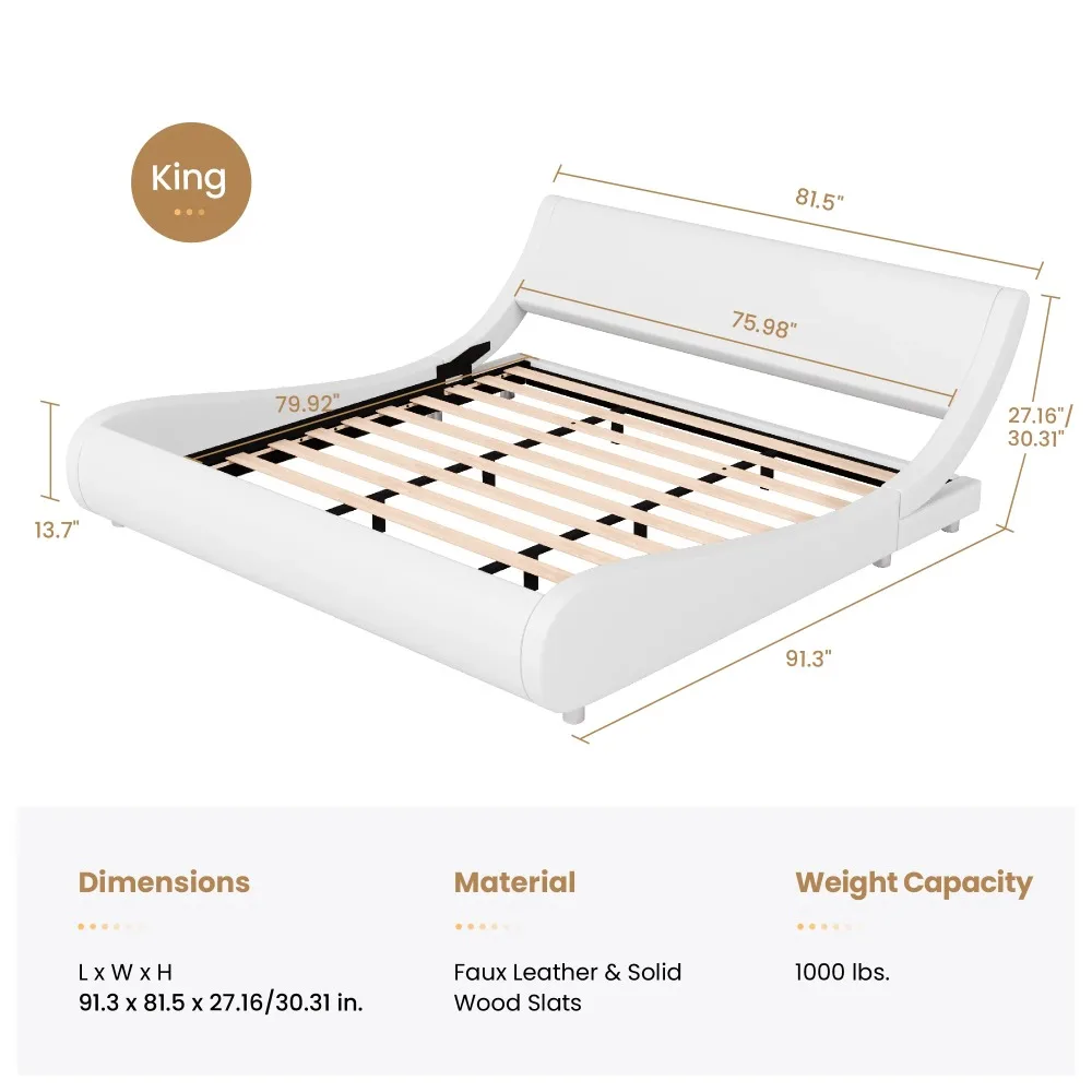 King Size Upholstered Bed Frame,Deluxe Low Profile Sleigh Bed with Faux Leather Ergonomics Headboard,White  No Box Spring Needed 5