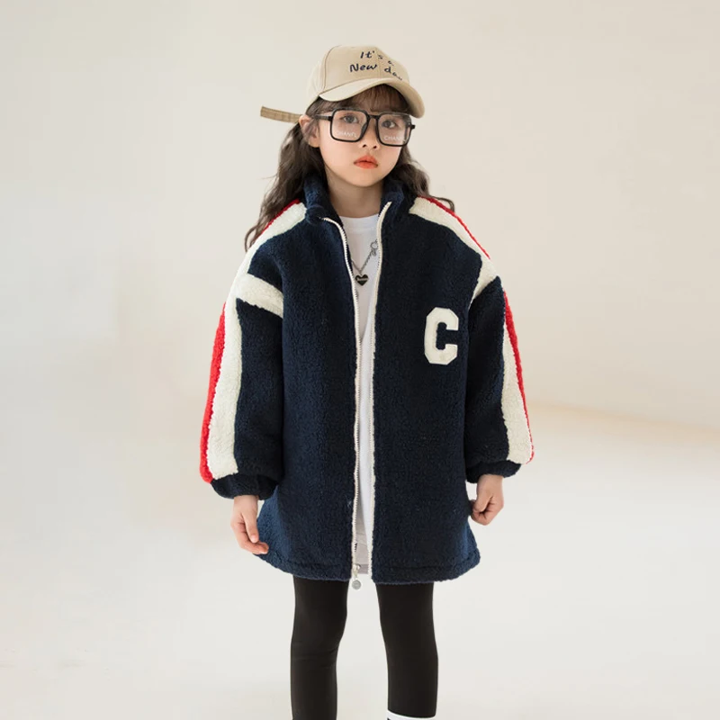 

Imitation Lamb Hair Girls Coat Fall Winter Cotton-padded Quilted Warm Letter Jacket Top Pullover Korean Fashion Children Clothes