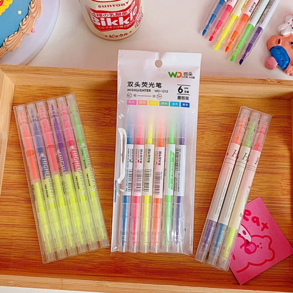3/6Pcs/Set Double Headed Highlighter Marker Pens Cute Pastel Fluorescent Aesthetic Colorful Student Stationery