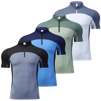 Men Tennis Golf Ice Silk T-shirt Fitness Athletic Tights Gym Muscle Fit Shirt Half Zip Colour Block Short Sleeve Tee Sport Wear 6