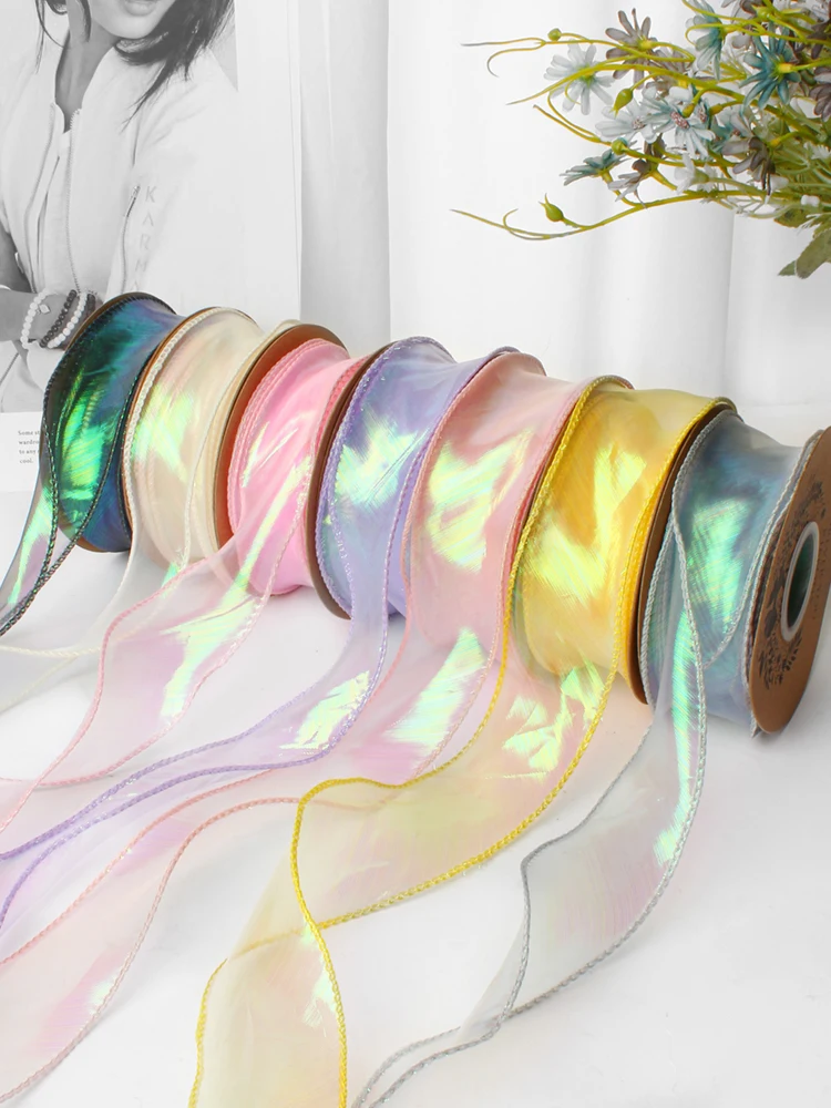Iridescent Fishtail Yarn Gift Ribbons for Flowers Bouquet Packaging Organza Wired Ribbon for Valentine's Day Wedding Decorations