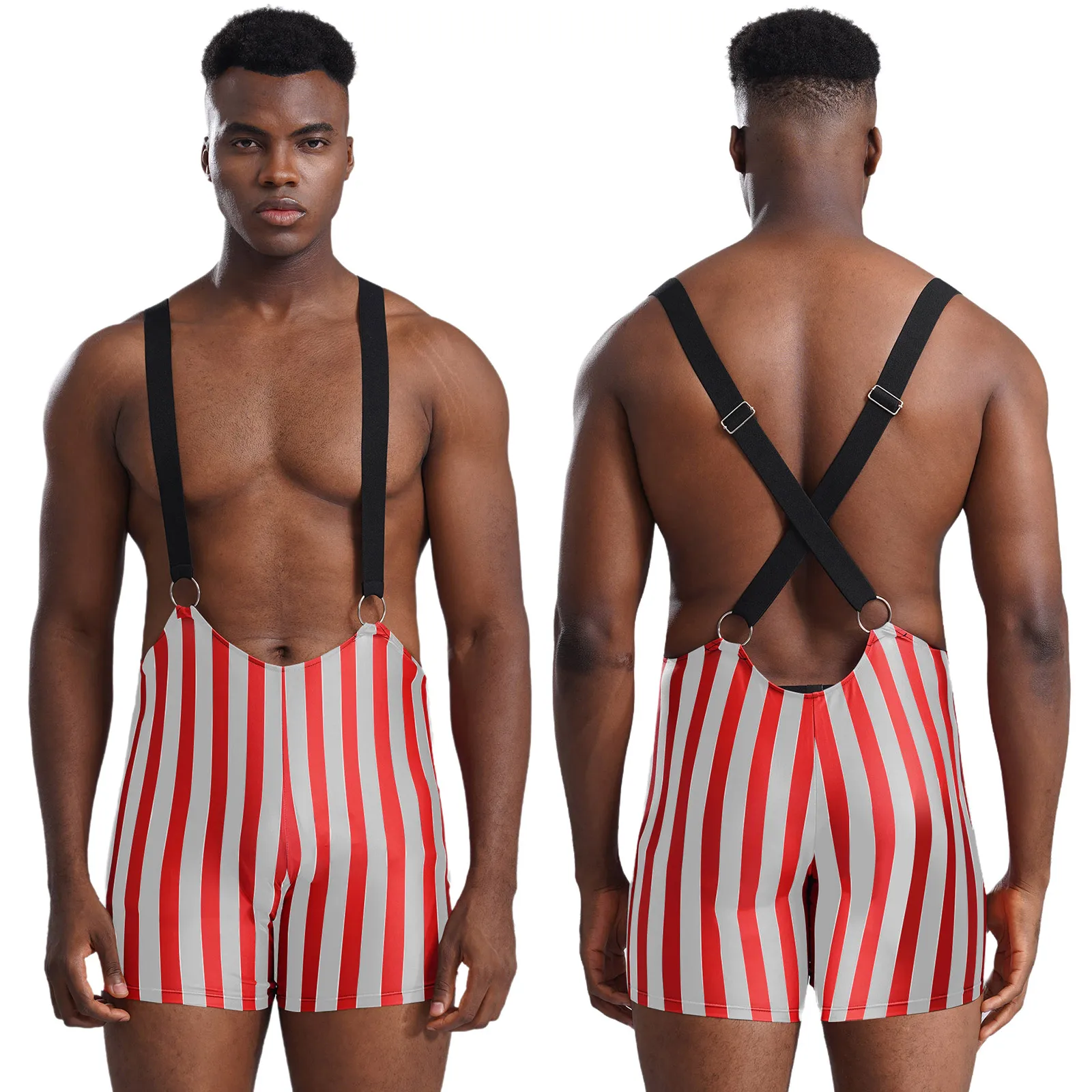 thumbnail image 1 of Camiseta de lucha libre para hombre, mono navideño a rayas, mono activo calado, lencería, leotardo para seguidores atléticos, 1 of 5