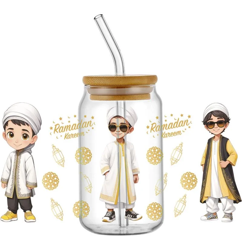 Muslims Cartoon Characters UV DTF Cup Wrap 3D Adhesive Clear Jar Bottle Stationery Washable Transfer Sticker 3d Stickers Cup Wraps Sticker Cups Uv Dtf Wrap Transfer