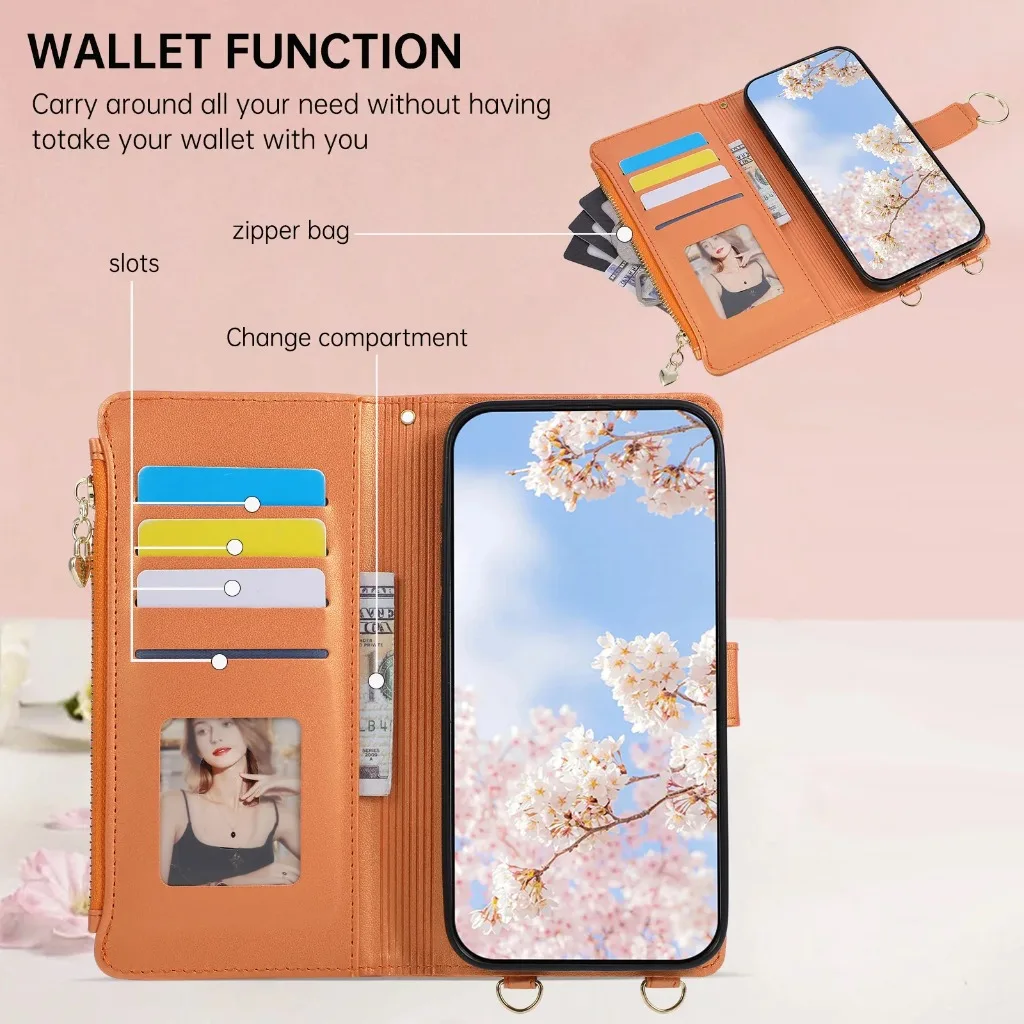 Quilted Zipper Wallet Phone Case with Crossbody Strap and Card Holder