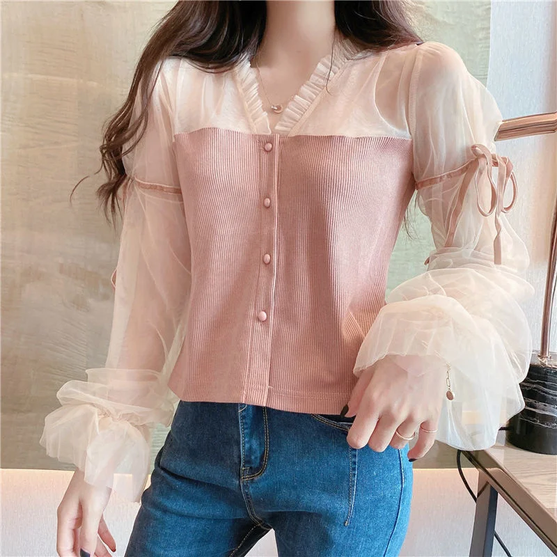 Woman Sweaters Mesh Splicing Knitwear Women's V-neck Flared Sleeves Slim-Fit Lace Top long sweater