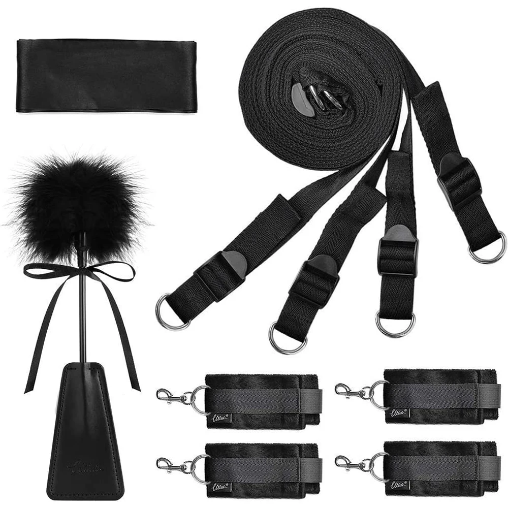 BDSM Sexy Leather Kits Adults Fantasy Wives Sex Toy Set for Women Men Sex Bondage Set Handcuffs Ankle Cuff Restraints for Couple
