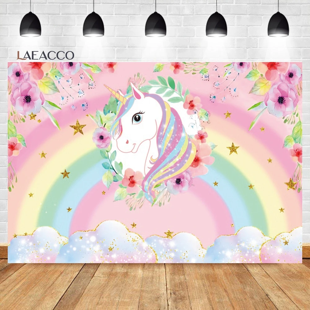 Laeacco Unicorn Birthday Party Backdrops Rainbow Clouds Stars Flowers Light Bokeh Newborn Baby Shower Photography Backgrounds for photo backdrop