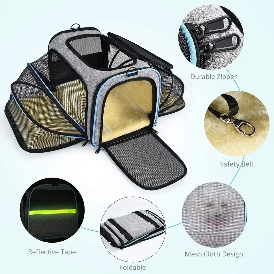 

Soft Pet Airline Open Foldable 5 Doors Carrier Bag Dog Expandable Travel Cat Approved Reflective Tapes 2023