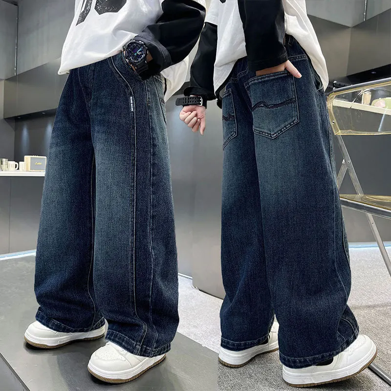 키즈 가을 데님 팬츠 남아 고급 두꺼운 원단 배기 카고 청바지 포켓 트위닝스 아동 스트릿 힙합 블루 진 바지