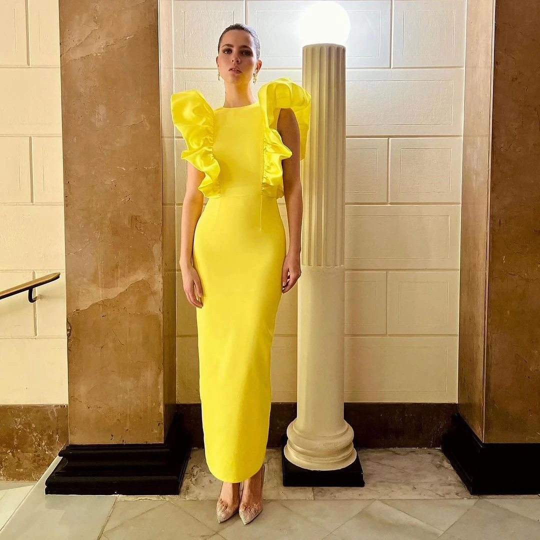 

Santorini Yellow Ankle Length Prom Dresses Crew Neck Ruffles Capped Sleeves Evening Party Gowns Zipper فساتين للحفلات الراقصة