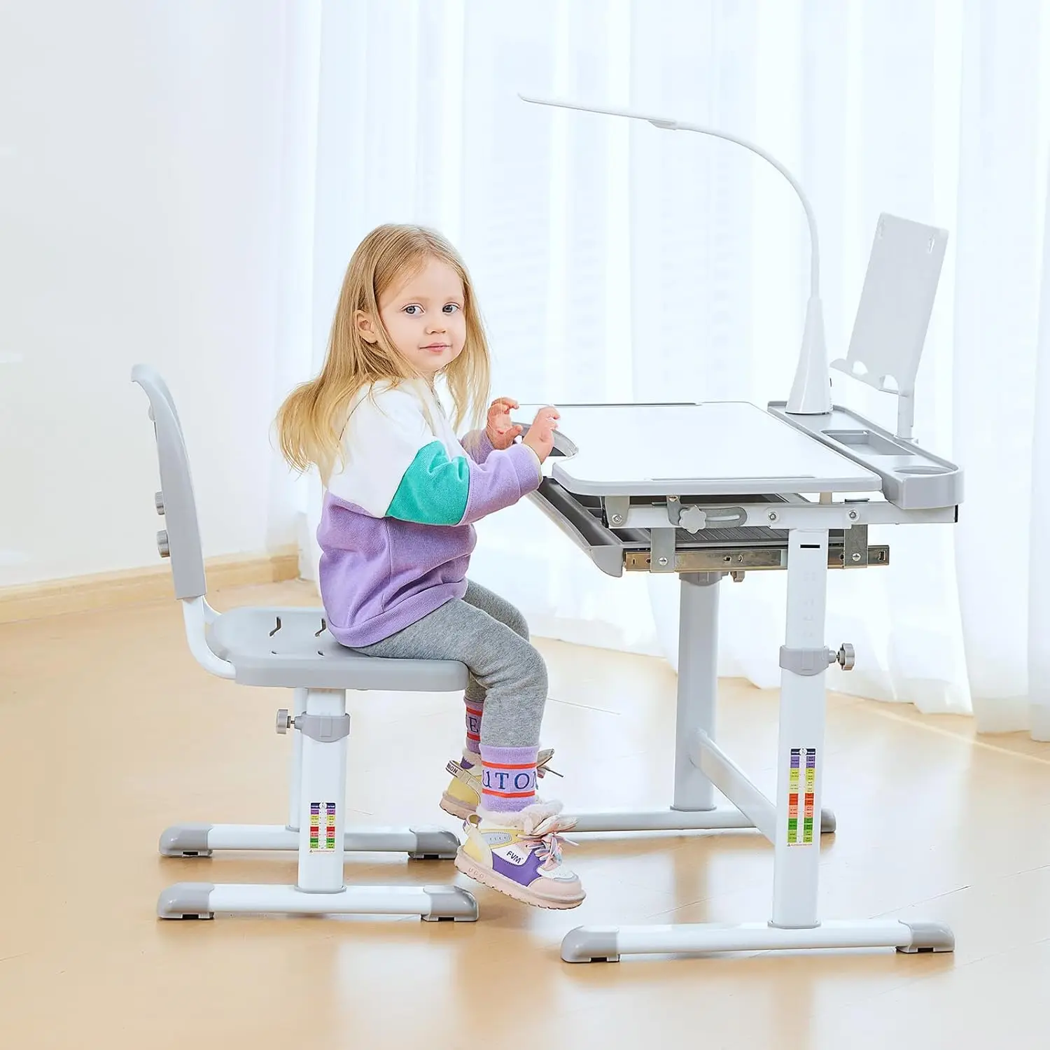 Kids Functional Desk and Chair Set, Ergonomic Height Adjustable Children School Study Desk with Tilt Desktop, Book Stand, LED
