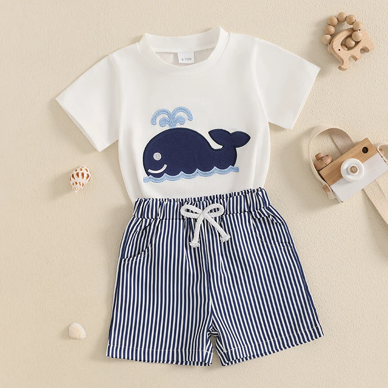 Lioraitiin Toddler Baby Boy Shorts Set Whale/Dinosaur/Turtle Short Sleeve T-shirts Striped Elastic Waist Shorts Summer Outfit 5