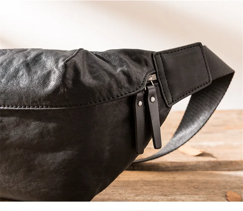 Outdoor casual natural soft genuine leather men's black chest bag fashion weekend daily travel luxury real cowhide shoulder bag
