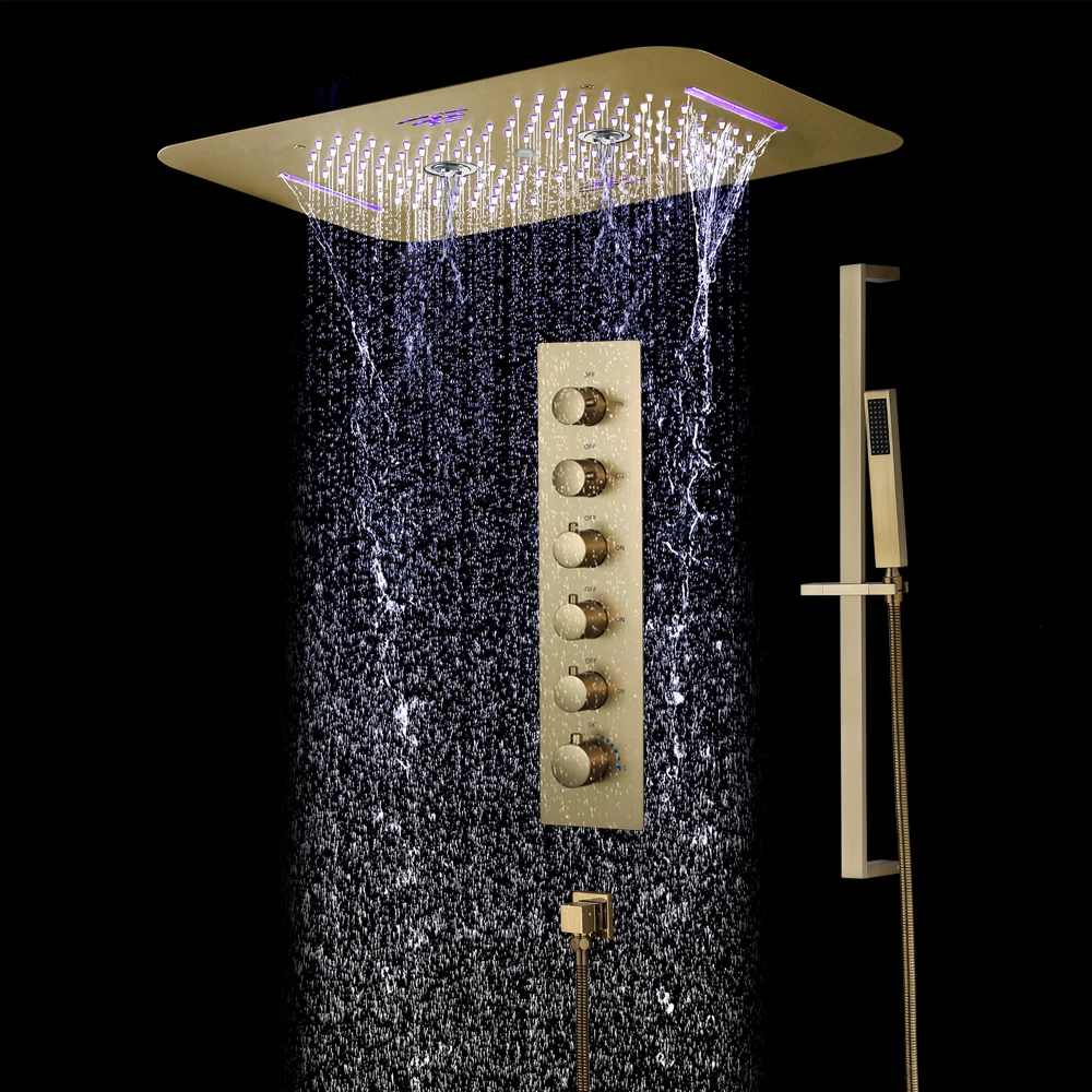 

Concealed Brushed Gold Rain Shower Sets Stainless Steel 58*38cm LED Smart Music Showerhead With Sliding Bar Shower System Copper