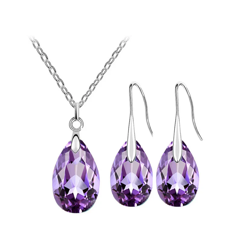 Crystal Tear Water Pendant Necklace Earrings Jewelry Set