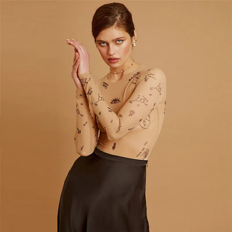 Sexy tight fitting jumpsuit, women's long sleeved jumpsuit, summer wild slim fit O-neck basic party dress, printed jumpsuit