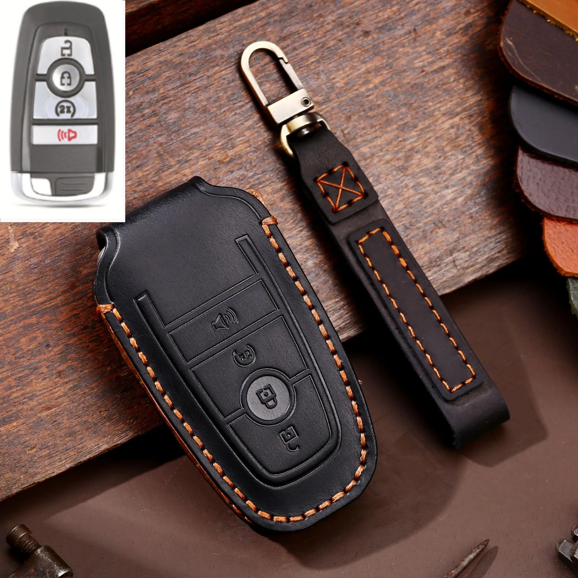 

Leather Car Remote Key Case Cover For Ford Fusion Edge Mustang Explorer F150 F250 F350 Ecosport Protector Holder Shell Fob